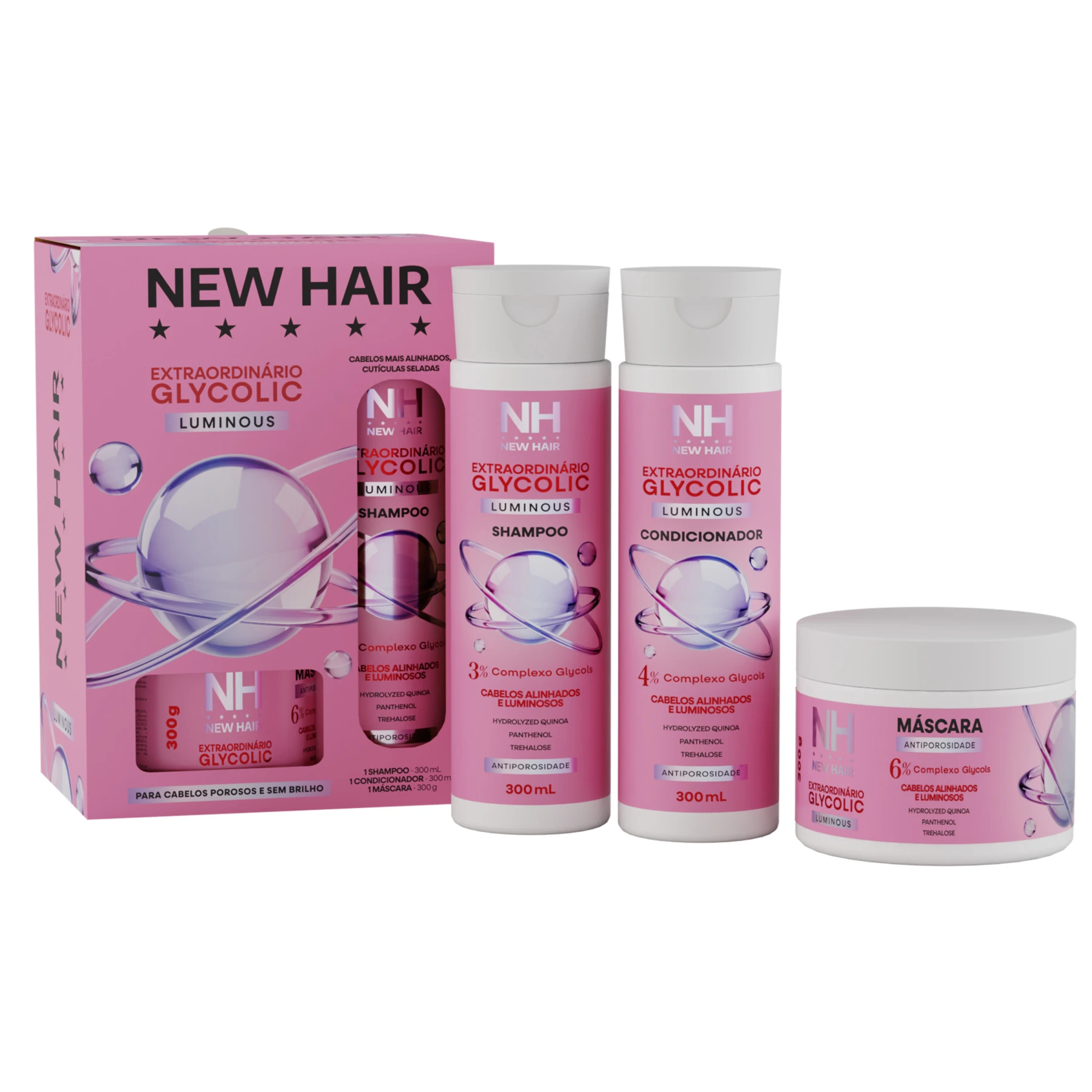Kit Glycolic New Hair com caixa e produtos